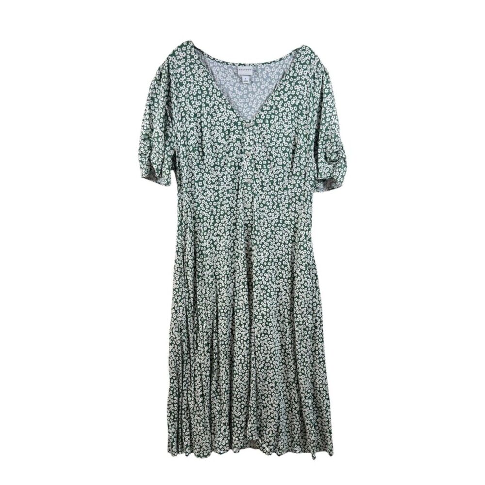Ava & Viv Green Floral Puff Sleeve Button Midi Dress Womens X EUC